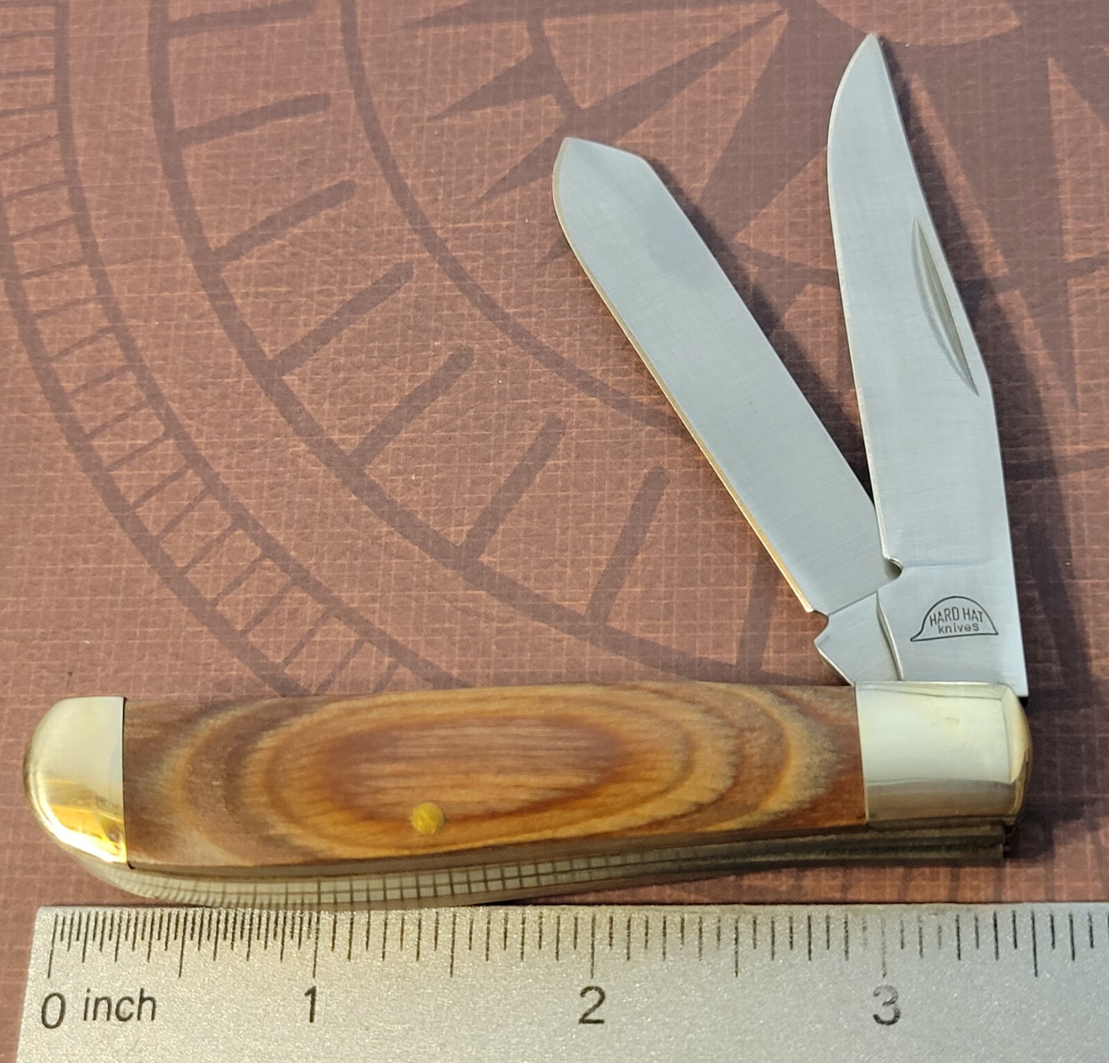 Hard Hat Knife Two Blade Mini Trapper Smooth Oak Wood Handles 3.5