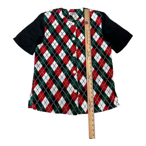 Vintage ABBA Shirt Womens Sz L Argyle Red Green Button Up Top Shoulder Pads READ - Picture 4 of 12