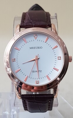 MREURIO Analog Quartz Watch White Dial Brown Leather Band NEW