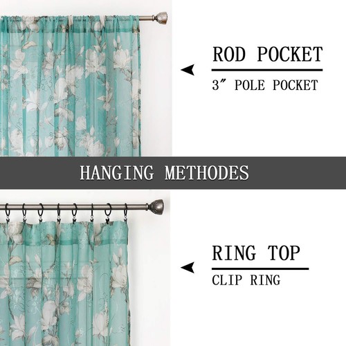 Floral Turquoise Sheer Curtains Flower Print Vine Embroidery Bedroom Curtain Rod - Picture 5 of 8