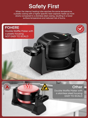 Waffle Maker, 1400W Double Belgian Waffle Iron 180° Flip, 8 Slices in 3 Mins, - Picture 7 of 11