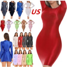 Women's Shiny Oil Sheer Silky Mini Dress Tight Pencil Bodycon Party Clubwear