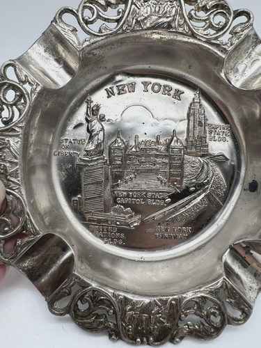 Cenicero de recuerdo vintage enchapado en plata de Nueva York hecho en Japón de 5" de diámetro - Imagen 3 de 6