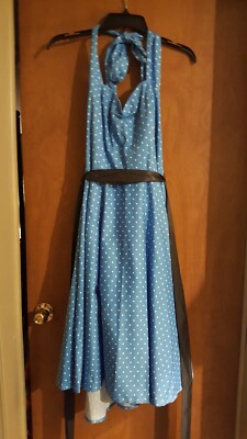 Blue Dress W/ White Polka Dots & Black Satin Sash Size XL | eBay