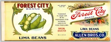 Forest City Brand Lima Beans Paper Can Label Allen Bros. Omaha c1910's VGC