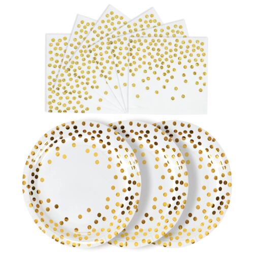 CENLBJ White and Gold Paper Plates and Napkins-50 Pack- 25 * 7inch Paper Plat...
