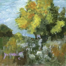 ORIGINAL SMALL LANDSCAPE PAINTING TREE WILDFLOWERS QUEEN ANN LACE USA SUEFURROW