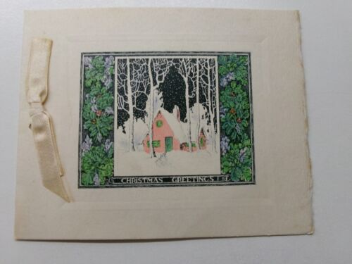 Vtg Christmas Card Pretty Little Pink Home in Woods Ivory Bow Art Deco Era
