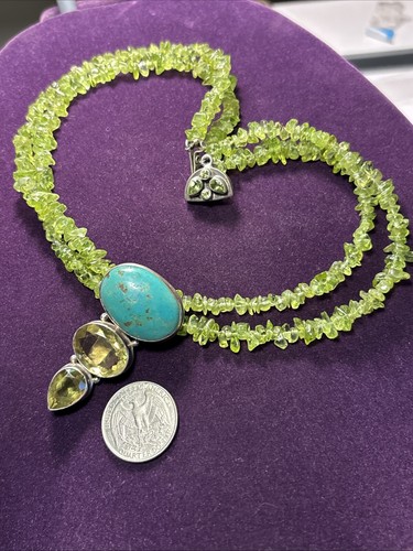 Sterling Silver Two Strand Bead And Turquoise Peridot Pendant 17” - 第 1/9 張圖片