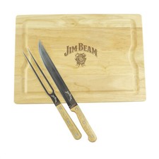 Jim Beam Schneidebrett mit Tranchiermesser und Gabel, aus Edelstahl und Bambus
