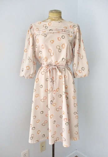 Vtg 70s Beige Orange Geometric Swirl Poly Chiffon Fit Flare Secretary Dress M/L