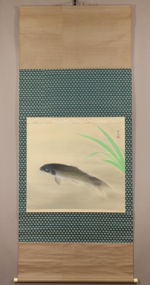 ORIGINAL JAPANESE ART PAINTING CARP HANGING SCROLL OLD JAPAN