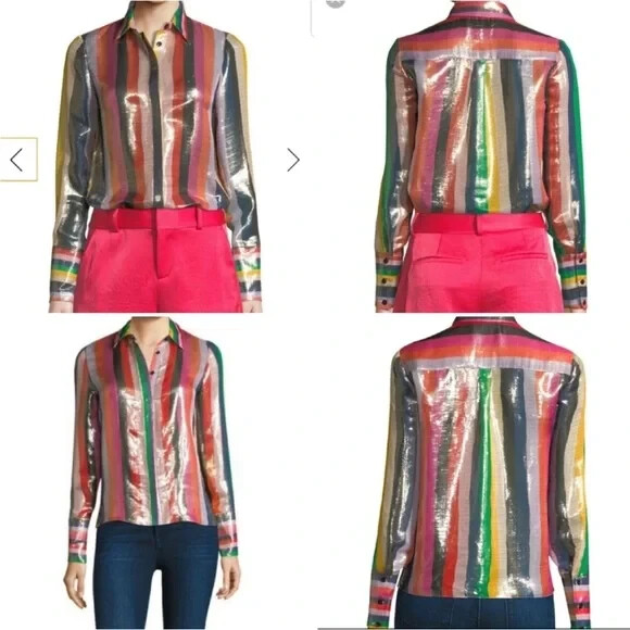 Alice + Olivia Rainbow Willa Metallic Striped Shirt Size Xs