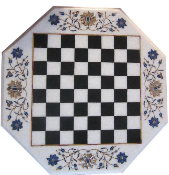 18-inch marble chess table with semi-precious stone inlay, elegant decor gift