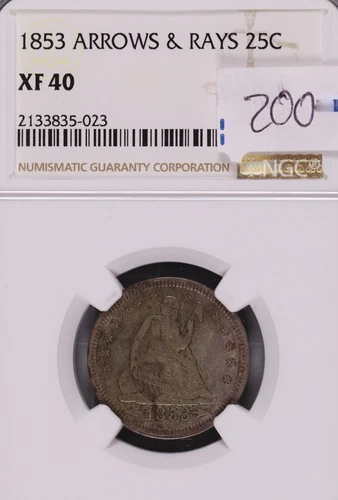 1853 Seated Liberty Silver Quarter Arrows & Rays NGC XF-40 #5-023