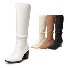 Women Slouchy Boots Chunky Block Heel Pointed Toe Zip Up Knee High Boots