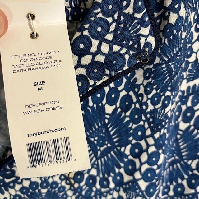 Abito Tory Burch donna seta media manica lunga midi blu bianco NUOVO DIFETTO
