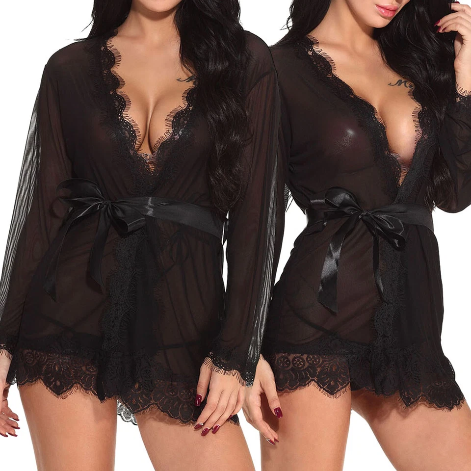 Sexy Lace Sheer Lingerie Mesh Chemise Kimono Robe Nightgown Babydoll for Women - Image 3 of 4