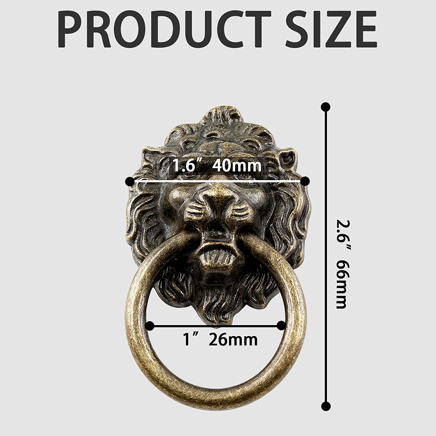 6 Pcs Lion Head Knobs Pull, Antique Bronze Ring Pull Handles for