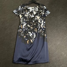 ST. JOHN Satin Floral Shift Dress Women's Size 8 Blue Multi