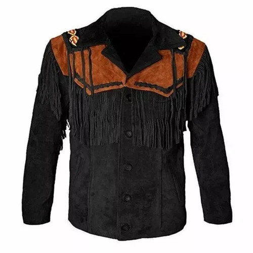Chaqueta de vaquero con flecos de gamuza para hombre - Abrigo de cuero con cuentas nativo americano occidental - Imagen 1 de 4