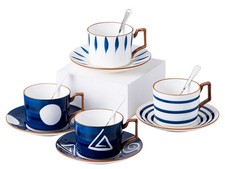 Jusalpha Japanese Tea Cup Set: Fine China, Spoon  Tray, 7oz, Set of 4