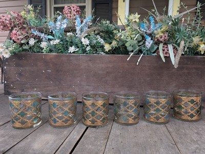 Vintage MCM Blue and Gold Encrusted Lattice Morrocan Lowball Glasses (6)