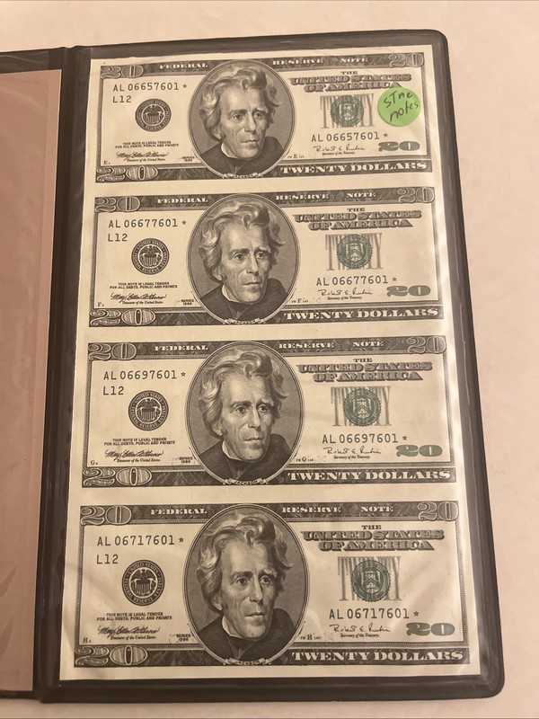 💵 1996 $20 (Star *) Uncut Sheet of 4 U.S. Federal Reserve Notes in Folder 1 💵
