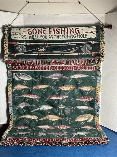 American Weavers Angeln Forellenköder hängender Wandteppich Gone Fishing USA Vintage