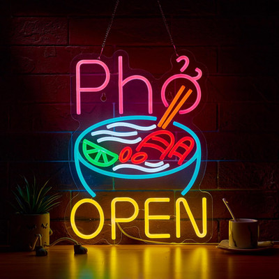 Vietnamese Pho Open Neon Sign Dimmable USB Powered LED Ramen Bowl Open Signs Fo