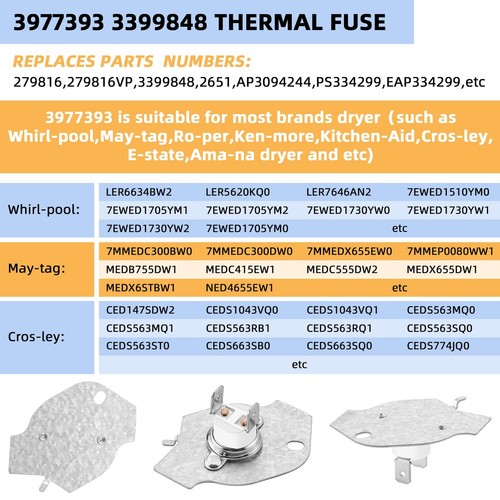 Thermal Fuse Dryer Replacement Part 3977393 for Whirlpool & Kenmore Replaces ... - Picture 5 of 6