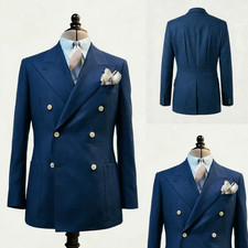 Blue Men's Suits Peak Lapel Double Breasted Business Casual for Groom Wedding