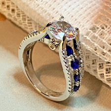 2Ct Simulated Diamond With Simulated White/Blue Sapphires-White Gold Plated Ring