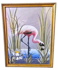 Vintage 1950s Pink Flamingo Devoe Original Painting Gold Frame 15.5"x19.5"