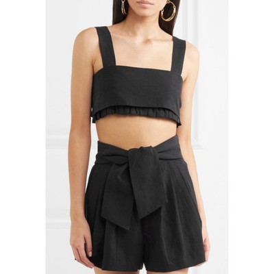 Ulla Johnson Black Talia Twill Bandeau Ruffle Crop Bow Tie Top Size 10