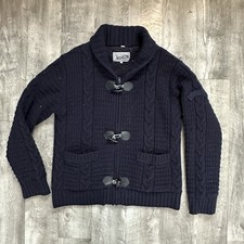 SCHOTT BROS Mens Large Navy Cable Knit Sweater Jacket Toggle Lined Wool Blend