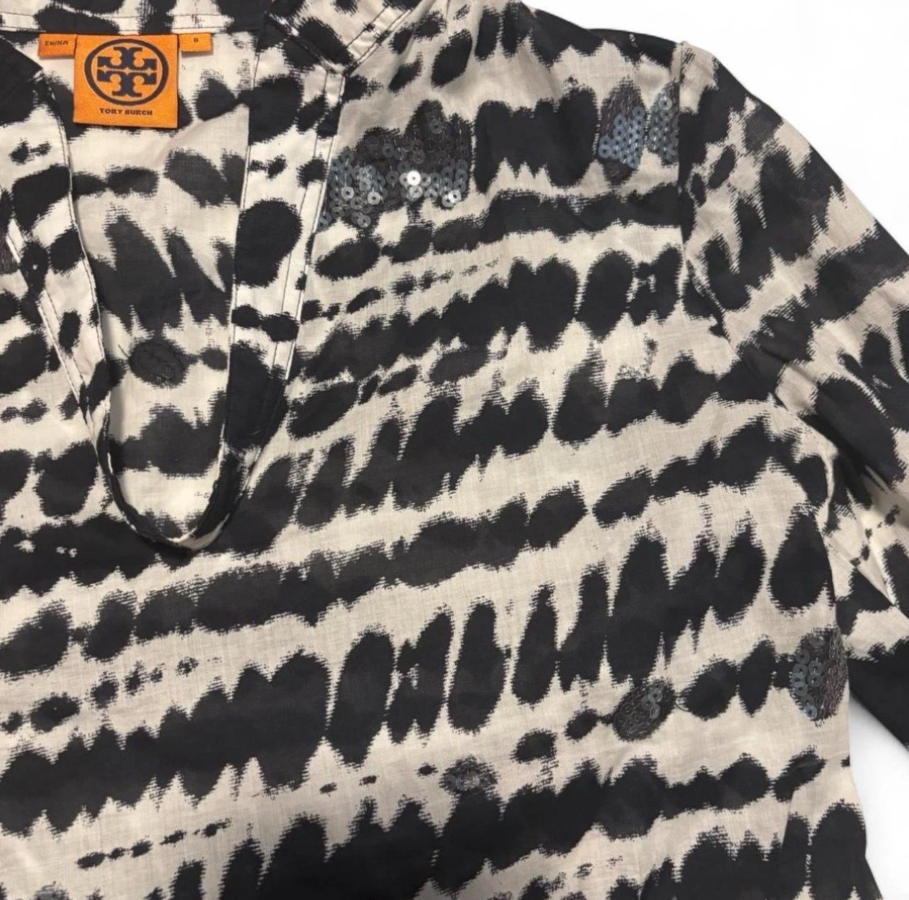 Top tunica donna Tory Burch taglia 8 nero bianco stampa paillettes blusa cotone
