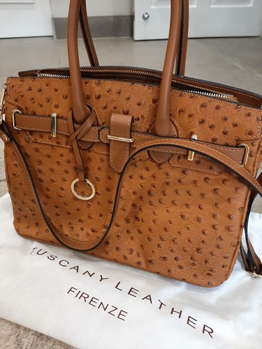 Fabulous Tuscany Leather Handbag In Ostrich-Print Cognac with dustbag