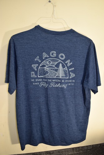 Patagonia Fly Fishing Shirt Mens Medium Blue Graphic Outdoor Tee Lightweight - Picture 4 of 15