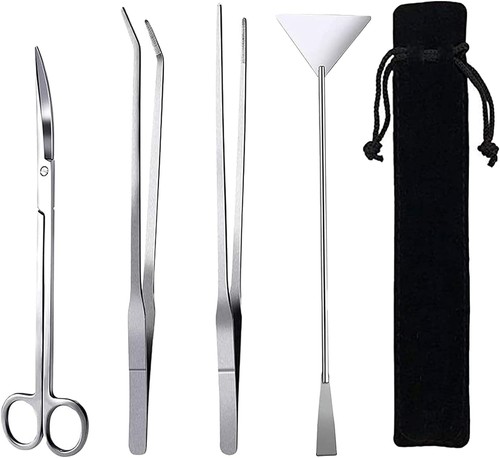 15in Aquascaping Tools, 4 in 1 Long Aquarium Tweezers Scissors 15in, Silver