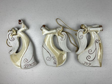 Vintage Stoneware Pottery Angel Christmas Ornaments Set of 3 Peace Love Joy