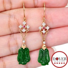 Estate Diamond 2.91ct Ruby Jade 9K Yellow Gold Dangle Earrings 2.2 Grams NR