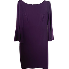 Vince Camuto Womens Dress 14 Crepe Purple Eggplant Bell Sleeve Wedding Formal