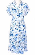 New Blue White Floral Button Front Belted Midi Dress Size 8 Summer Holiday