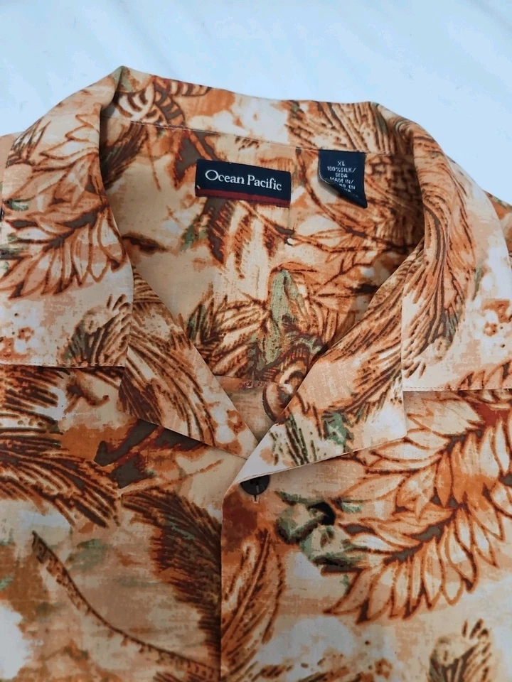 Camisa Hawaiana Vintage Ocean Pacific 100% Seda Para Hombres XL Palmeras Botón Delantero Foto 2 de 4