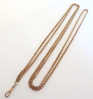 Antique 9K Gold Victorian 56" Belcher Muff Guard Chain Necklace w/ Dog Clip