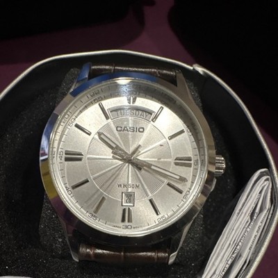 Casio Enticer Quartz Men's Watch Silver Dial Brown Leather Strap WR50M