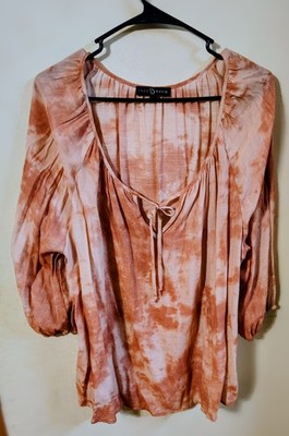 Fred David Tie Dye Brown Pink V-Neck Tunic Blouse Plus Size 1X Long Sleeve