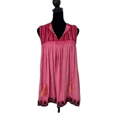 Rachel Zoe Embroidered Tunic Top Size L Tassel Sleeveless BOHO Festival Beach