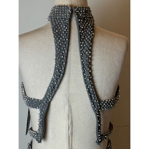 La Femme Dress Women 00 Gray Gunmetal Beaded High Neck Cut Out Formal Gown Prom - Picture 10 of 15